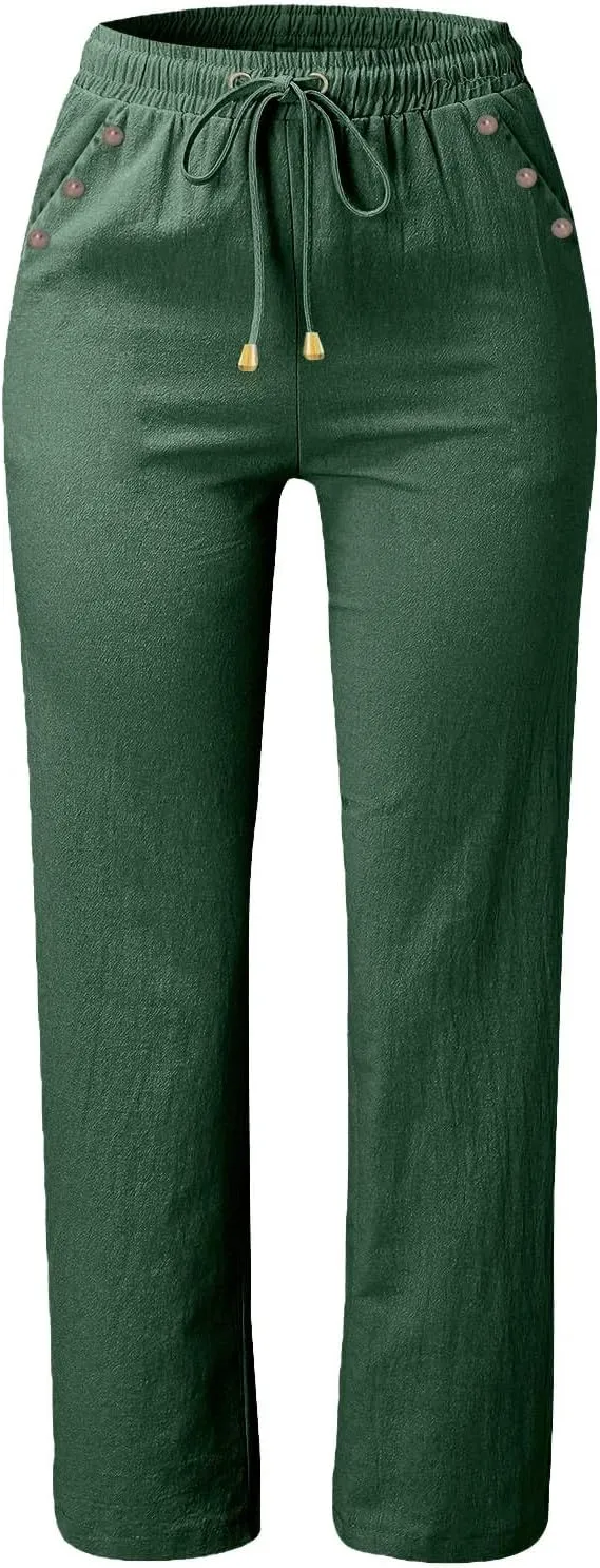 Trendy Pants for Women 2025 Linen Palazzo Pants Summer Casual Loose High Waist Wide Leg Pant Lounge Beach Trousers
