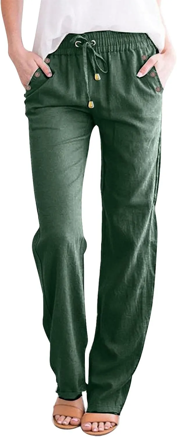 Trendy Pants for Women 2025 Linen Palazzo Pants Summer Casual Loose High Waist Wide Leg Pant Lounge Beach Trousers