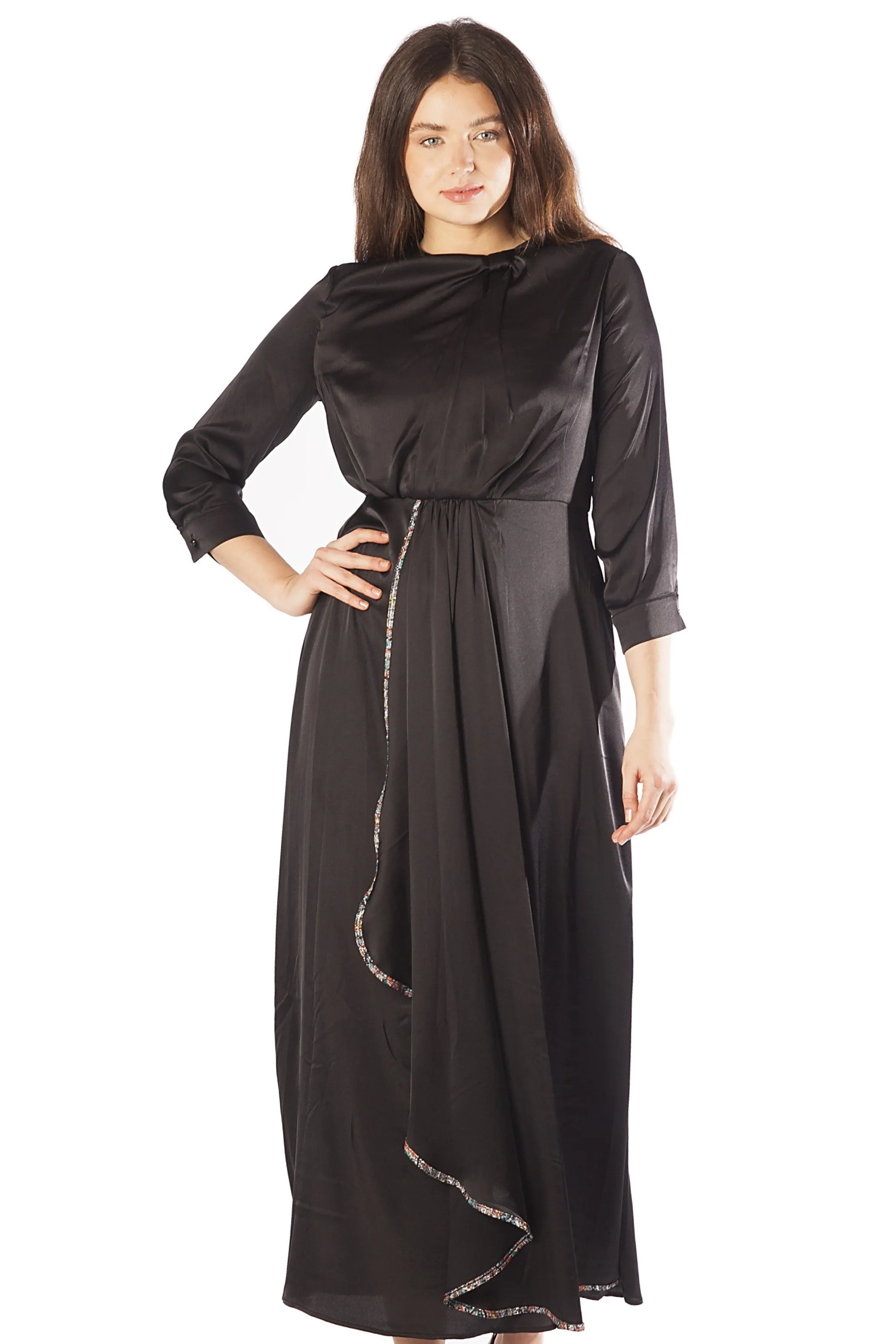 Trimmed Skirt Overlay Dress w/ Side Drape