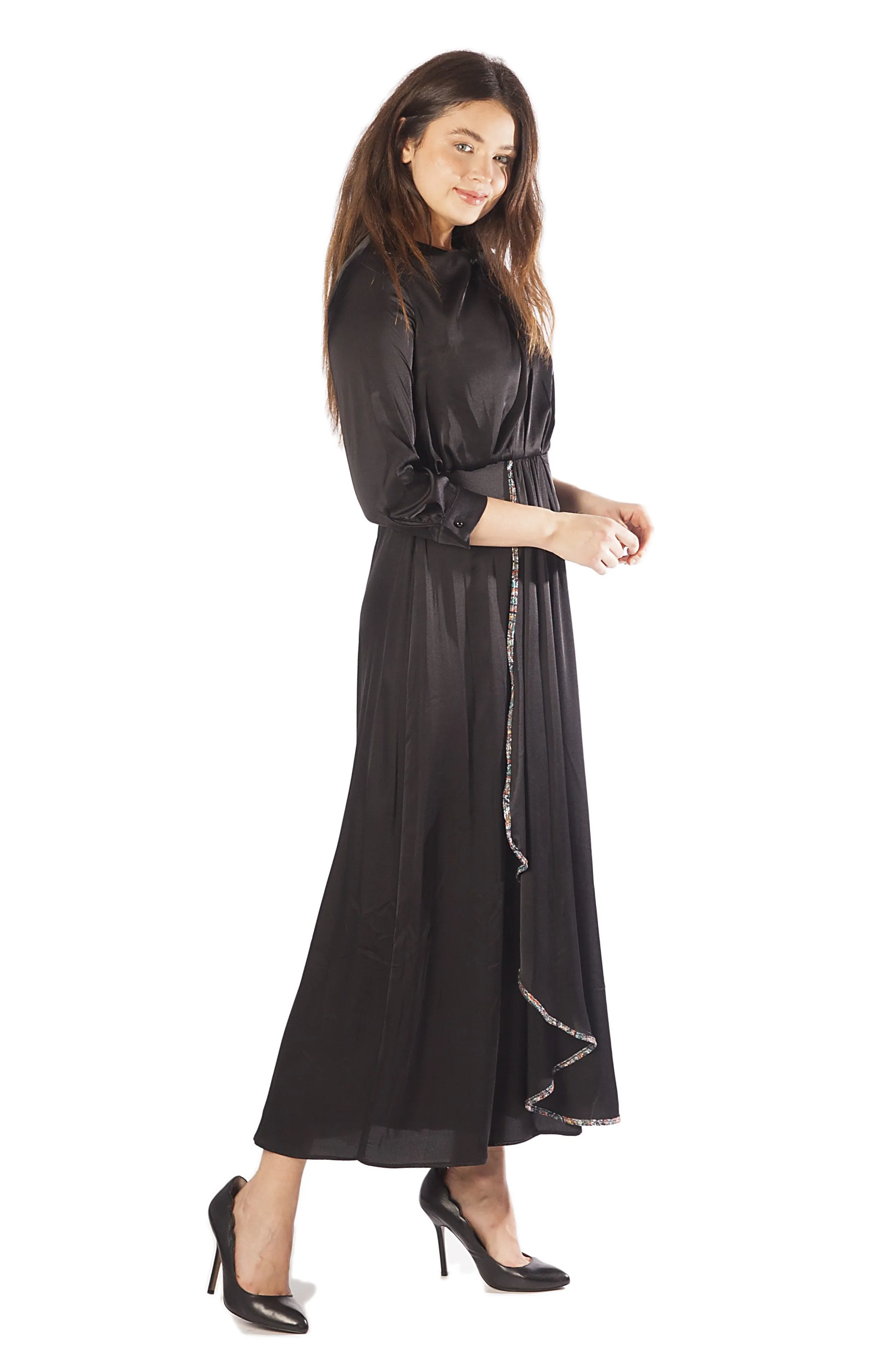 Trimmed Skirt Overlay Dress w/ Side Drape