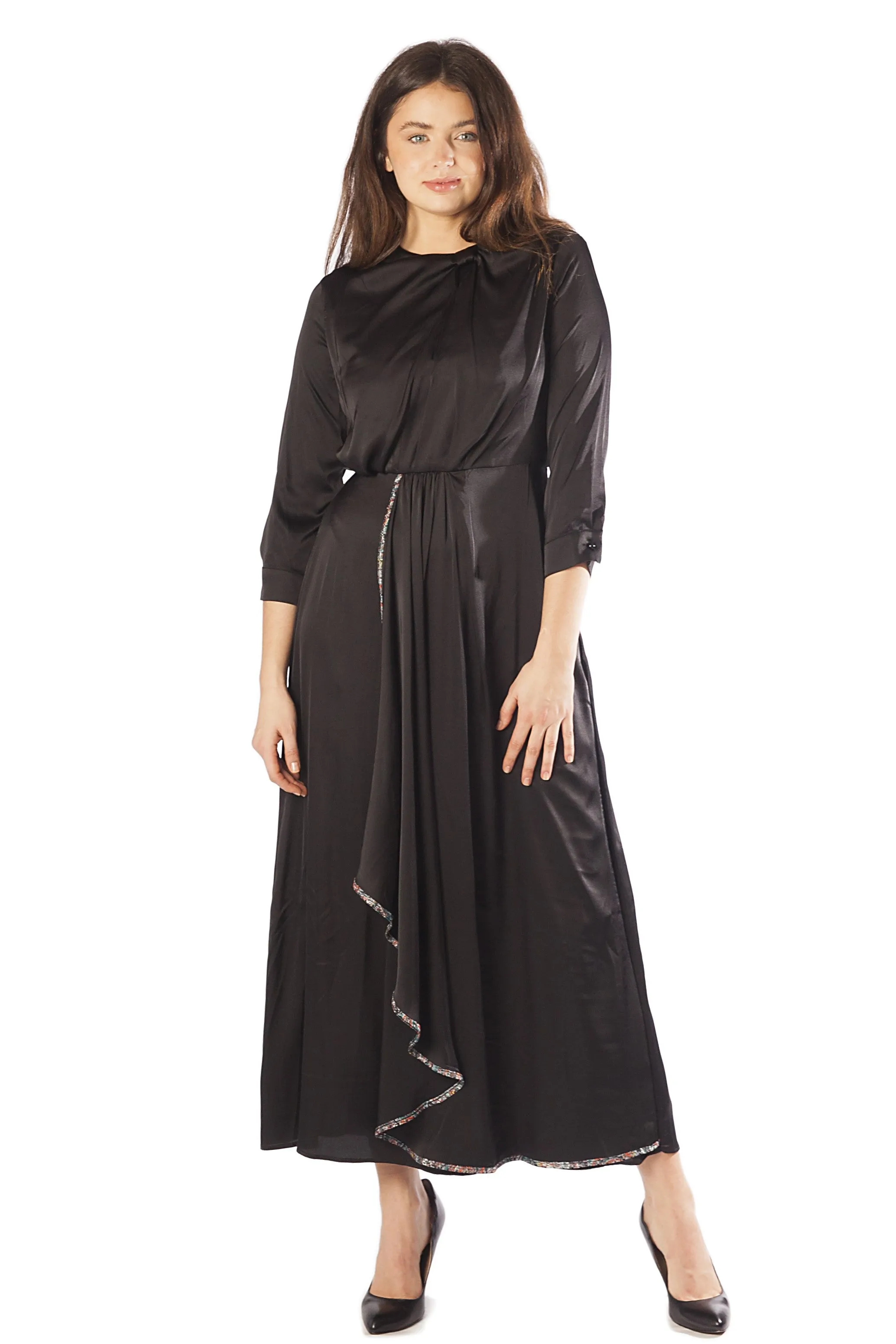 Trimmed Skirt Overlay Dress w/ Side Drape