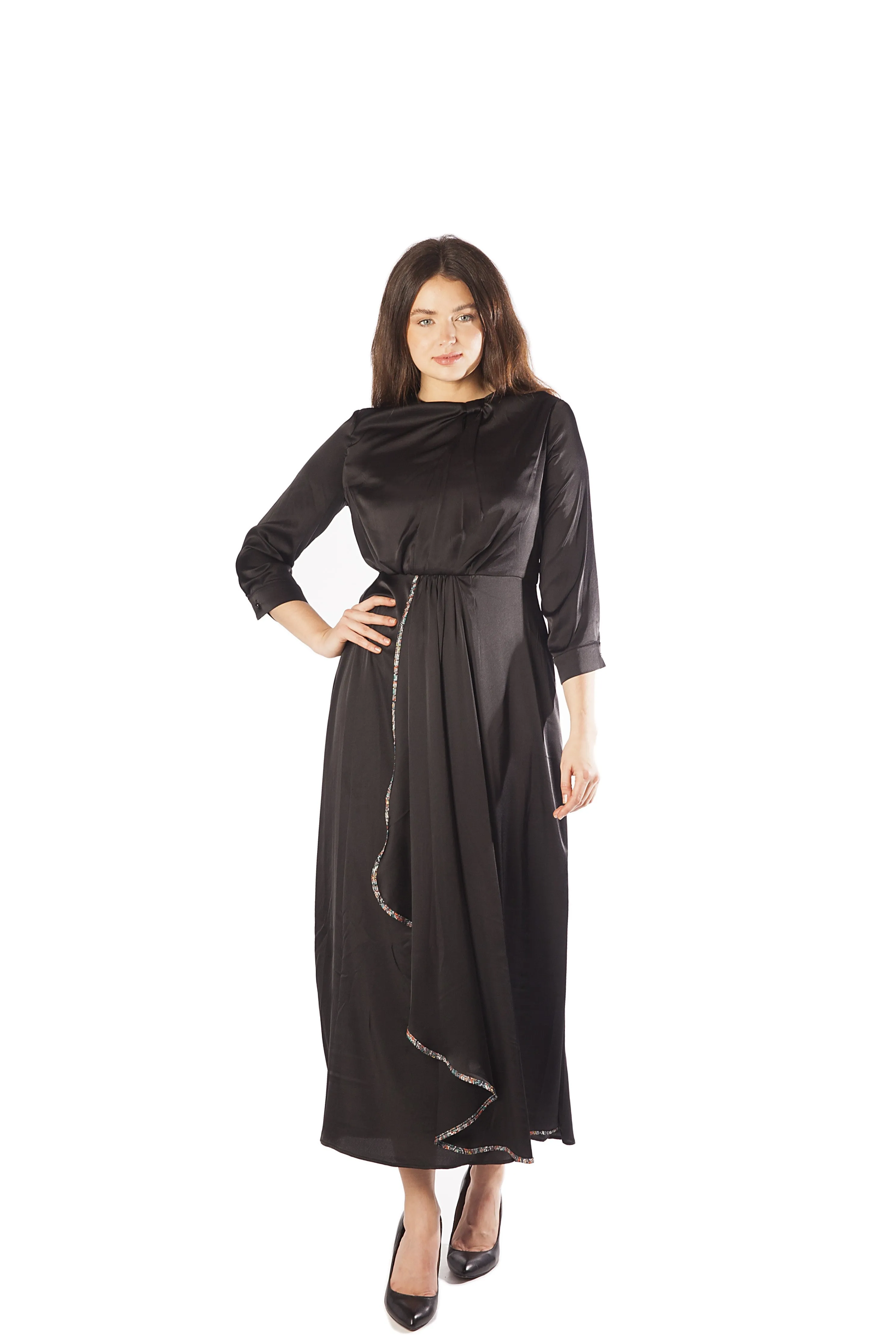 Trimmed Skirt Overlay Dress w/ Side Drape
