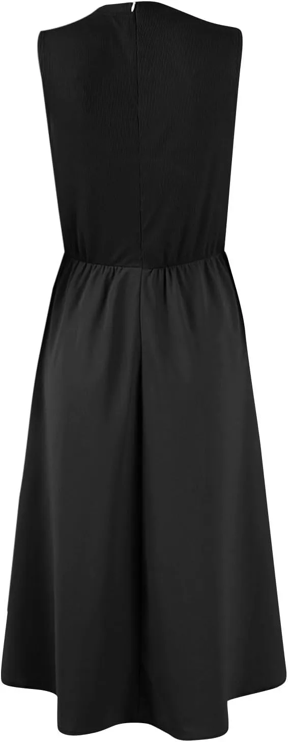 TWGONE Women's Summer Dresses 2025 Casual Sleeveless Patchwork Knit Sundresses Long Flowy Beach Dress with Pockets