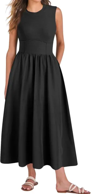 TWGONE Women's Summer Dresses 2025 Casual Sleeveless Patchwork Knit Sundresses Long Flowy Beach Dress with Pockets