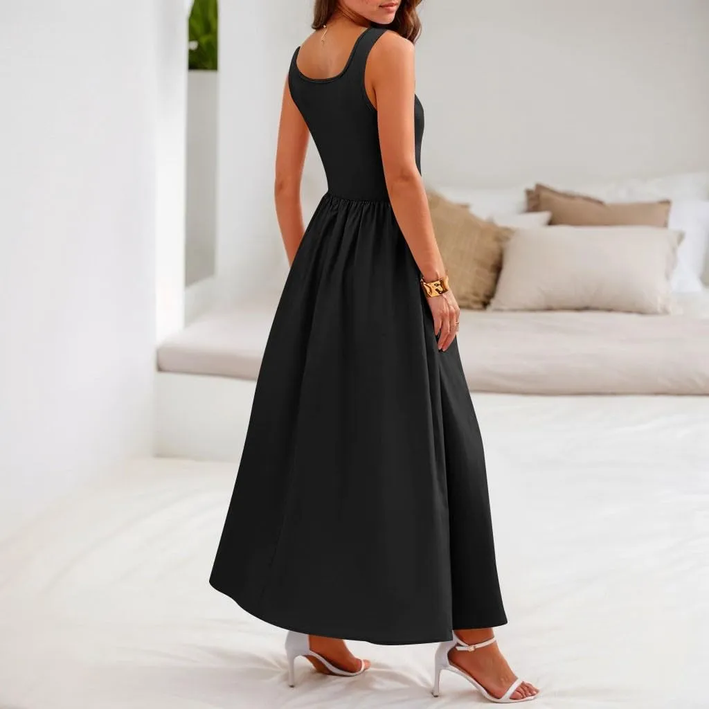 TWGONE Women's Summer Dresses 2025 Casual Sleeveless Patchwork Knit Sundresses Long Flowy Beach Dress with Pockets