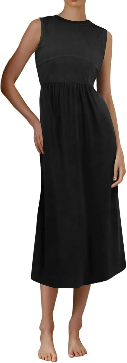 TWGONE Women's Summer Dresses 2025 Casual Sleeveless Patchwork Knit Sundresses Long Flowy Beach Dress with Pockets