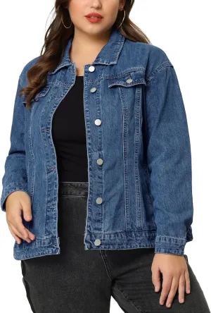 uxcell Women's Plus Size Jean Jacket Stitching Button Front Washed Western Outfit Denim Jacket