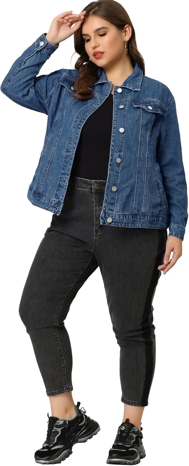 uxcell Women's Plus Size Jean Jacket Stitching Button Front Washed Western Outfit Denim Jacket