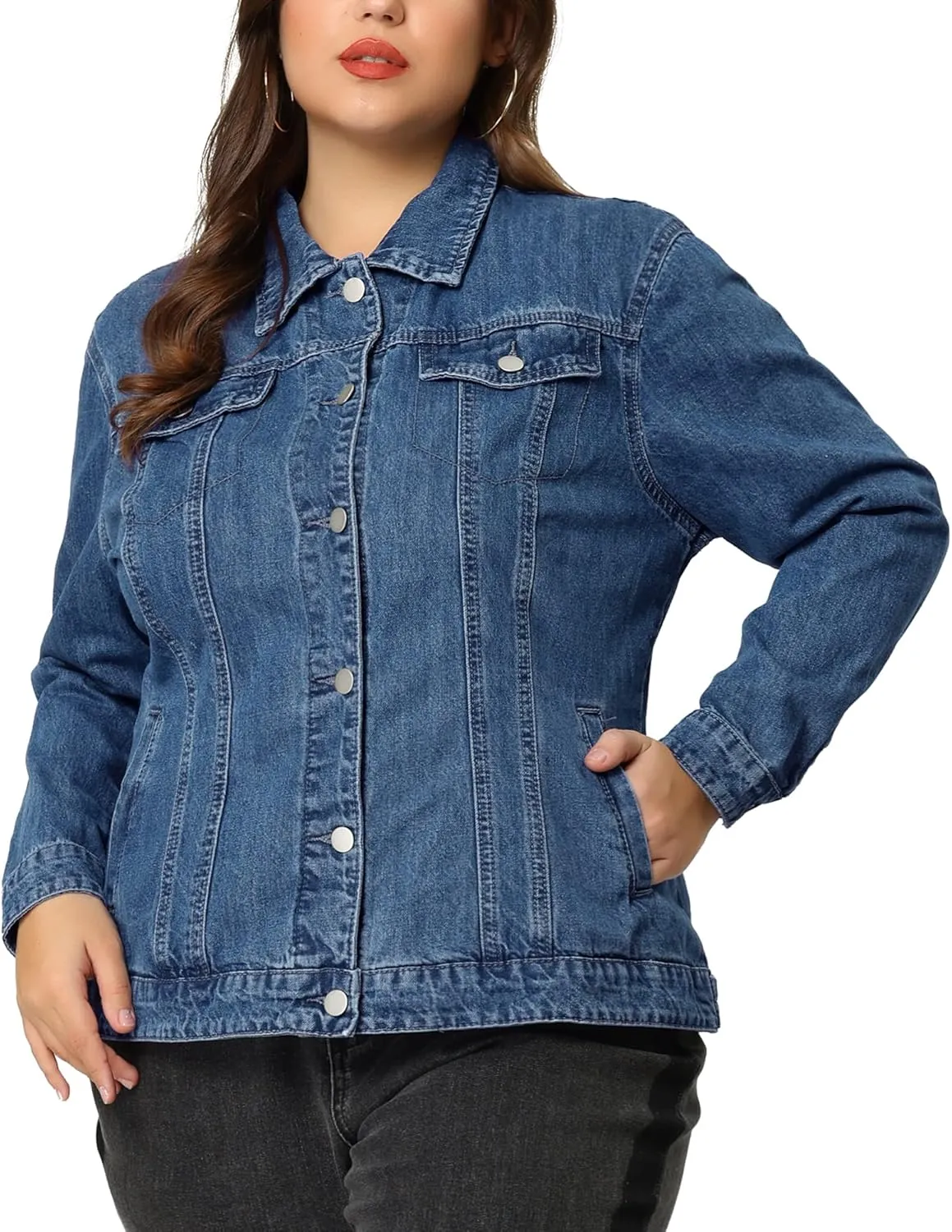 uxcell Women's Plus Size Jean Jacket Stitching Button Front Washed Western Outfit Denim Jacket