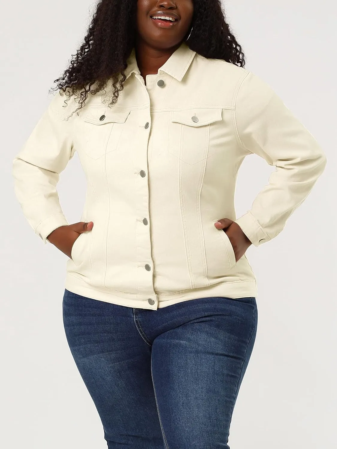 uxcell Women's Plus Size Jean Jacket Stitching Button Front Washed Western Outfit Denim Jacket