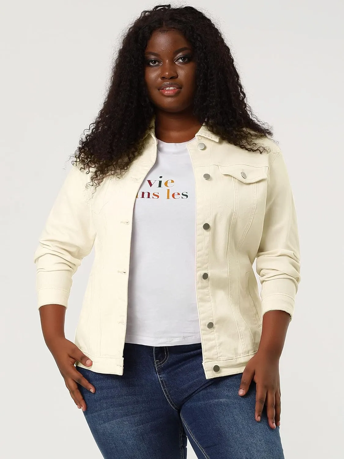 uxcell Women's Plus Size Jean Jacket Stitching Button Front Washed Western Outfit Denim Jacket