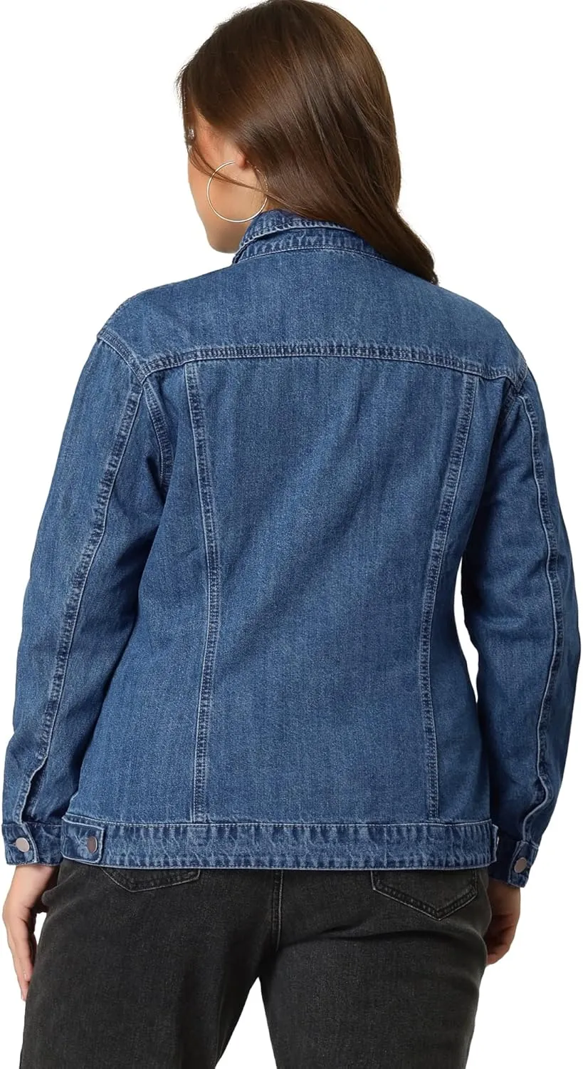 uxcell Women's Plus Size Jean Jacket Stitching Button Front Washed Western Outfit Denim Jacket