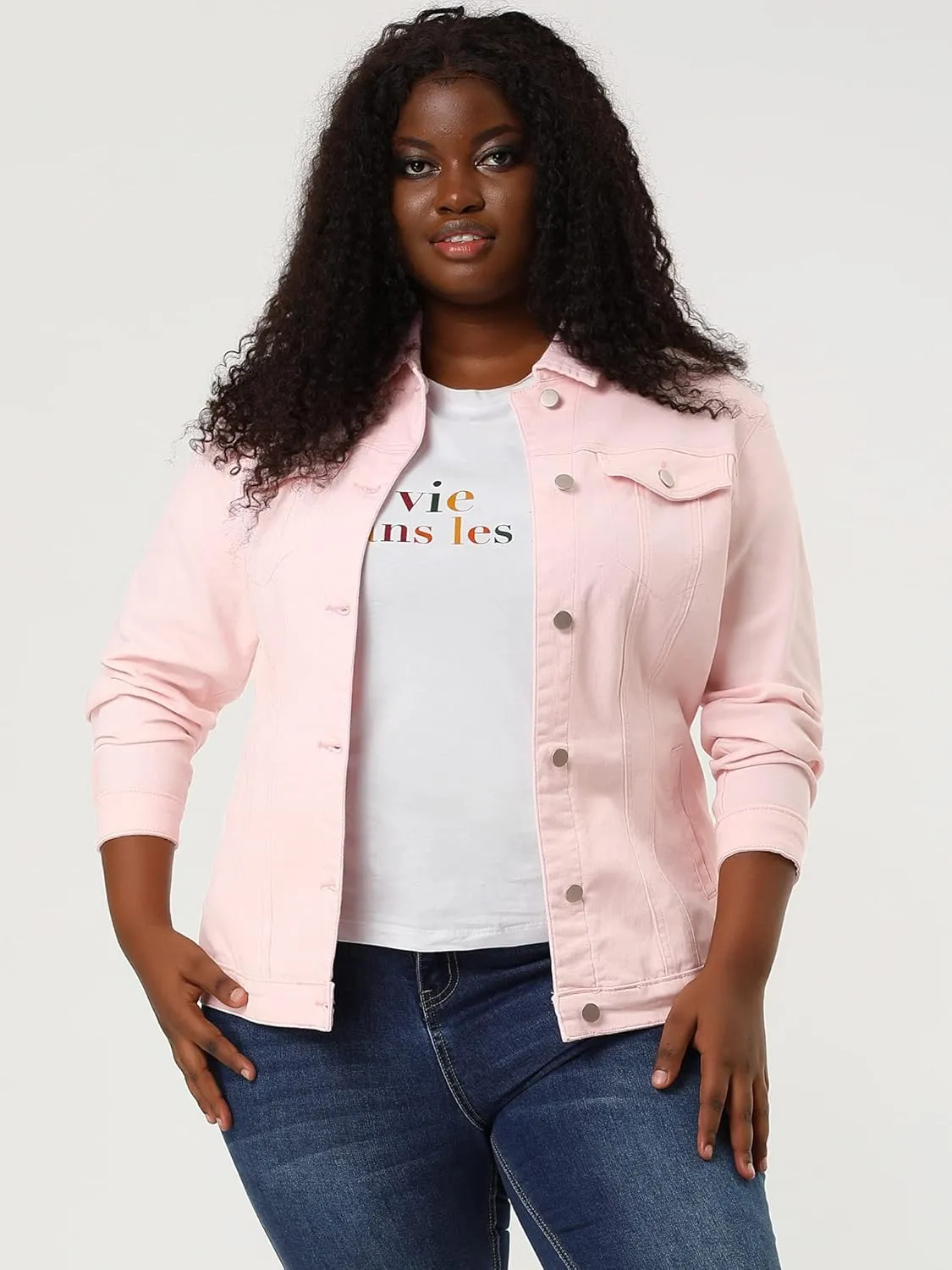 uxcell Women's Plus Size Jean Jacket Stitching Button Front Washed Western Outfit Denim Jacket