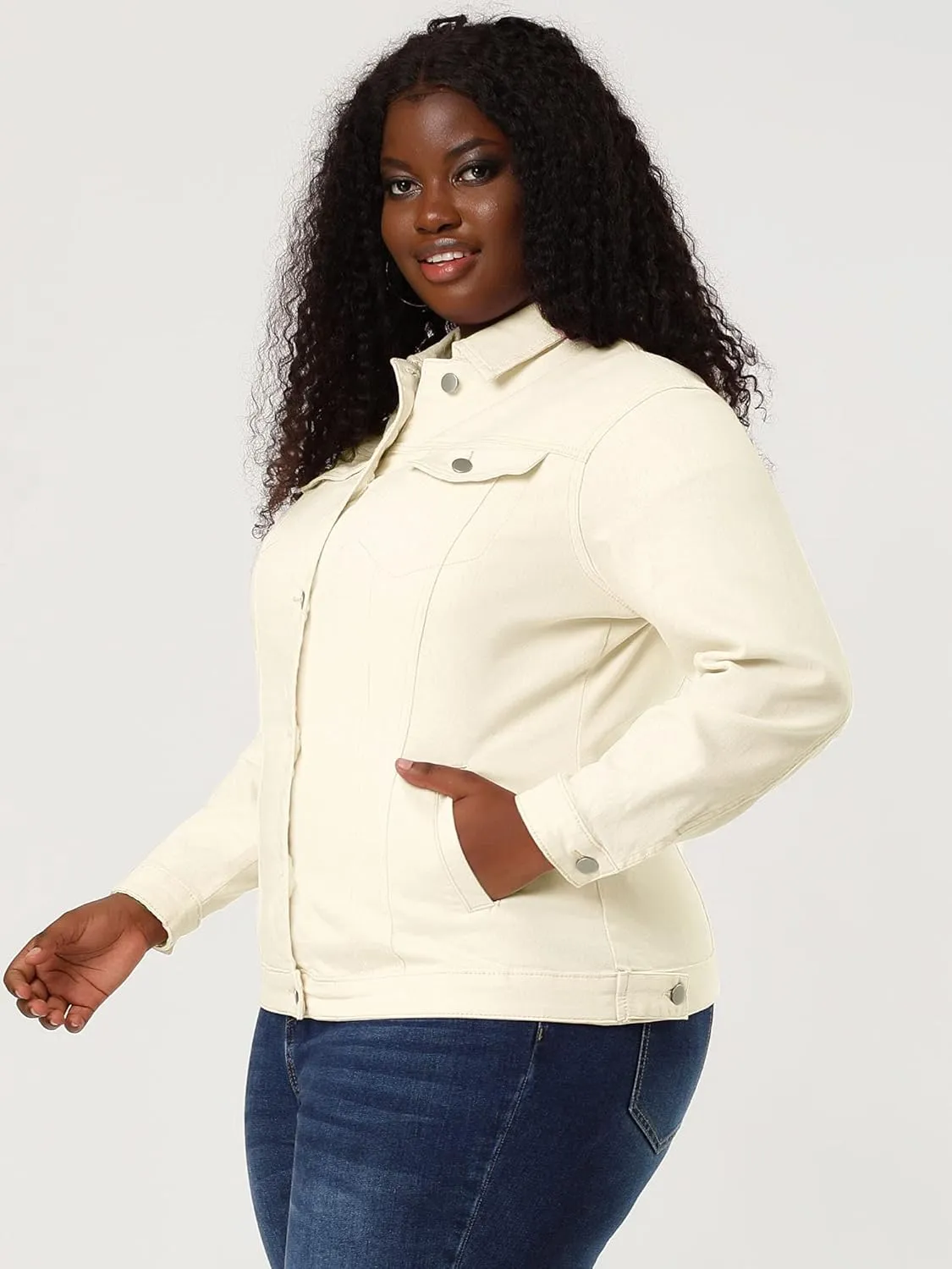 uxcell Women's Plus Size Jean Jacket Stitching Button Front Washed Western Outfit Denim Jacket