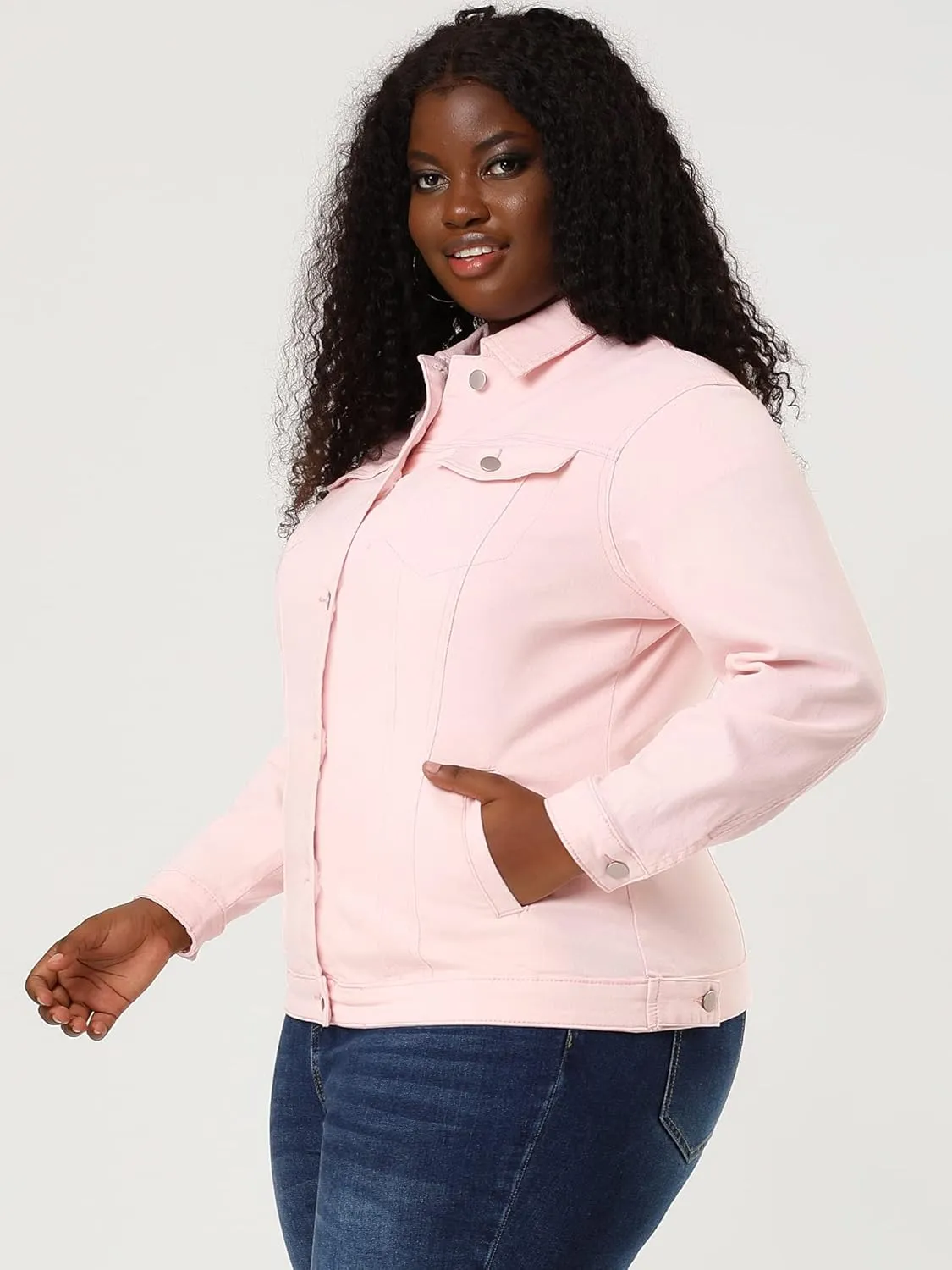 uxcell Women's Plus Size Jean Jacket Stitching Button Front Washed Western Outfit Denim Jacket