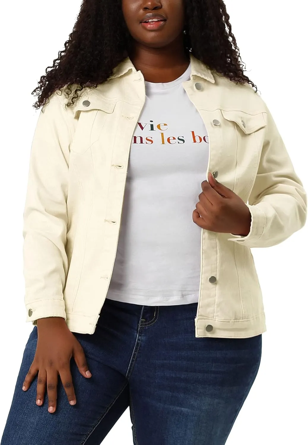 uxcell Women's Plus Size Jean Jacket Stitching Button Front Washed Western Outfit Denim Jacket
