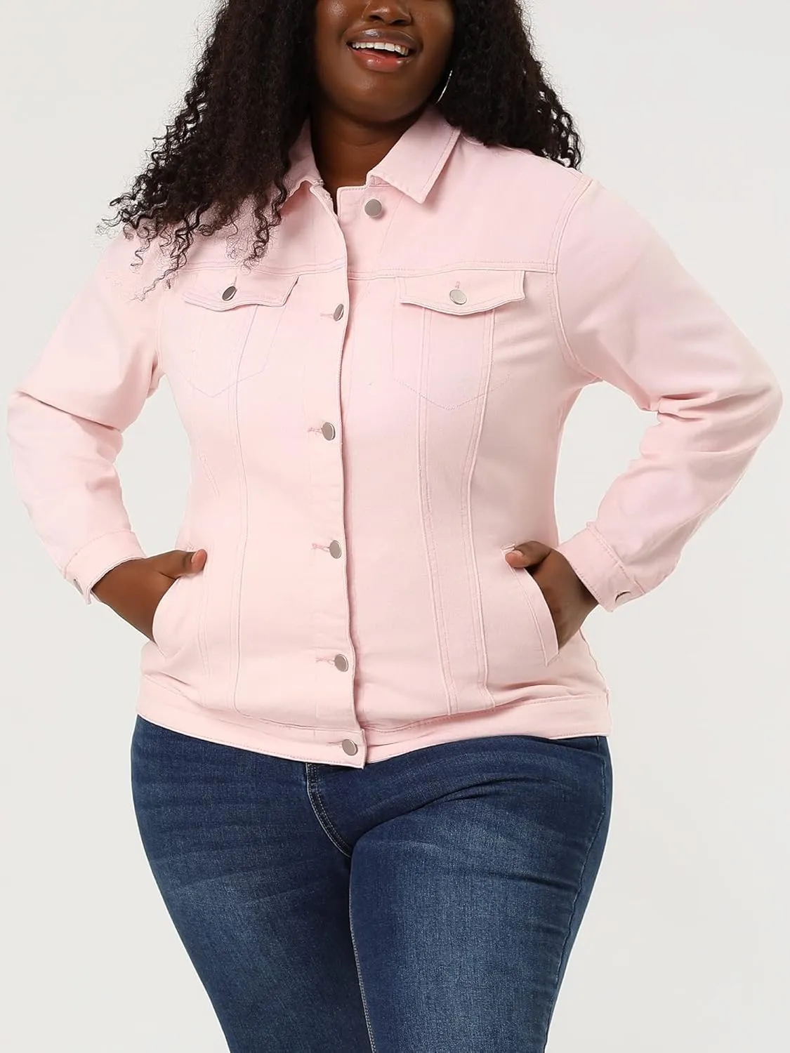 uxcell Women's Plus Size Jean Jacket Stitching Button Front Washed Western Outfit Denim Jacket