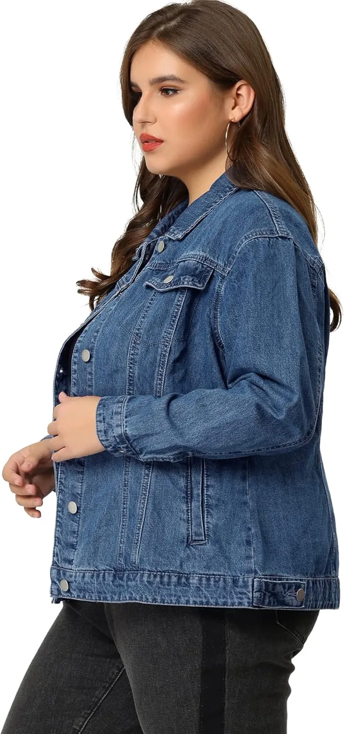 uxcell Women's Plus Size Jean Jacket Stitching Button Front Washed Western Outfit Denim Jacket