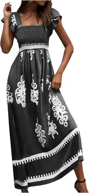 Vacation Dresses for Women 2025 Holiday Style Printed Sundress Summer Dress Square Neck Beach Sundresses