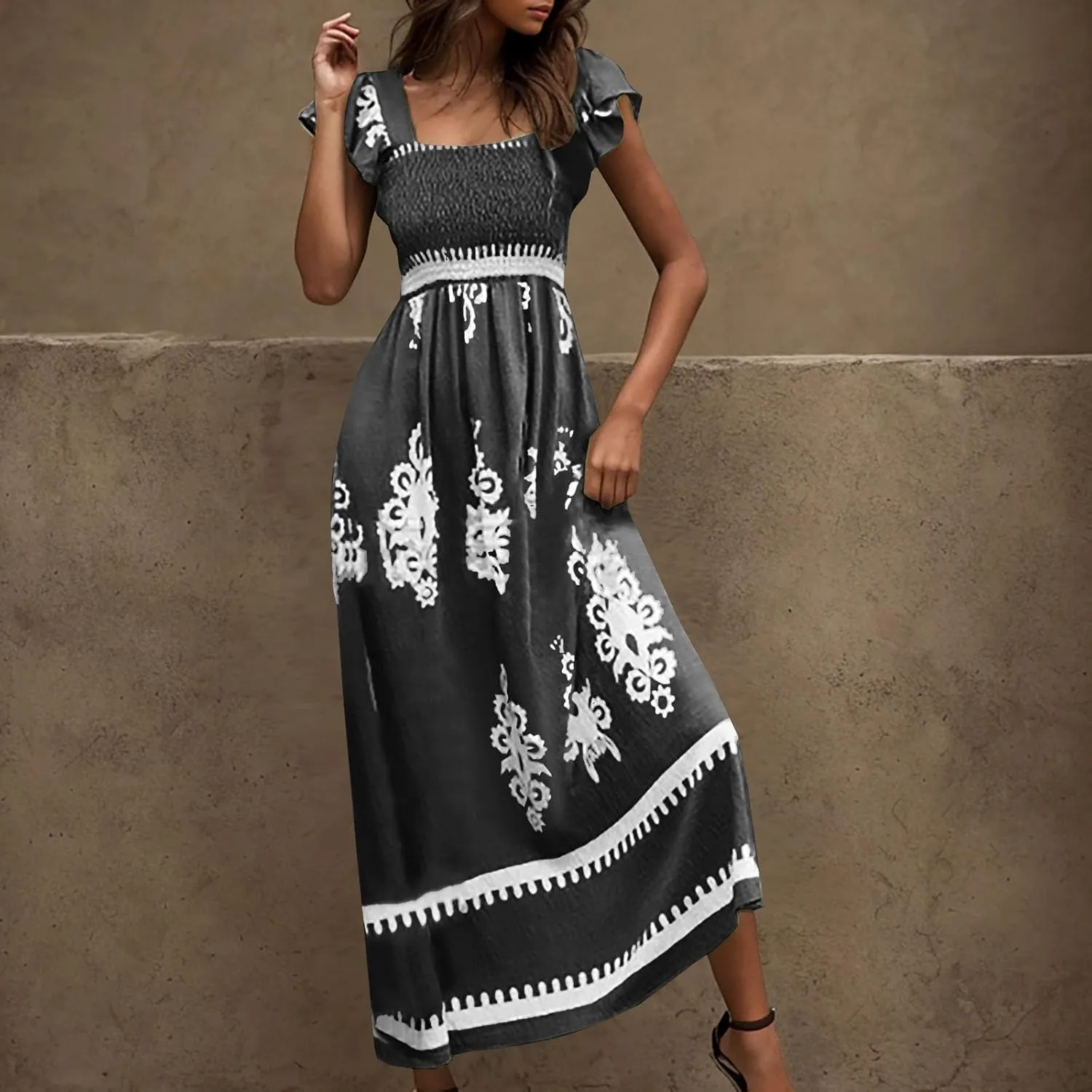 Vacation Dresses for Women 2025 Holiday Style Printed Sundress Summer Dress Square Neck Beach Sundresses