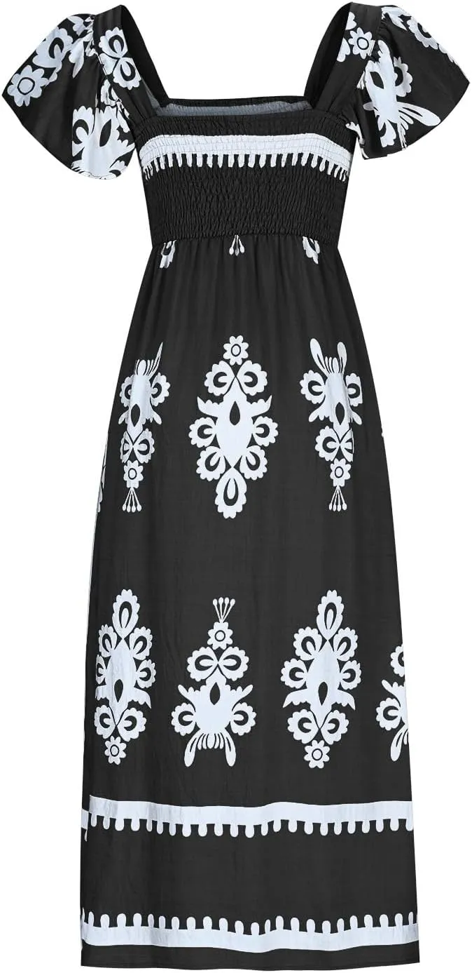 Vacation Dresses for Women 2025 Holiday Style Printed Sundress Summer Dress Square Neck Beach Sundresses