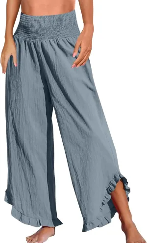 Vacation Outfits Beach 2025 Irregular Hem Loose Going Out Resort Pants Wide Leg High Waist Solid Sweatpants