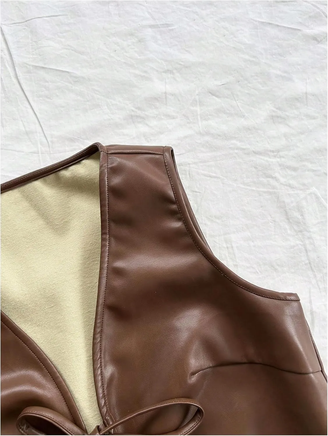 Verdusa Women's Western Leather Vest Bow Tie Front V Neck Sleeveless Lightweight Jacket Outerwear