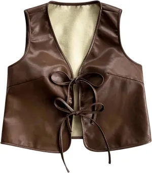 Verdusa Women's Western Leather Vest Bow Tie Front V Neck Sleeveless Lightweight Jacket Outerwear