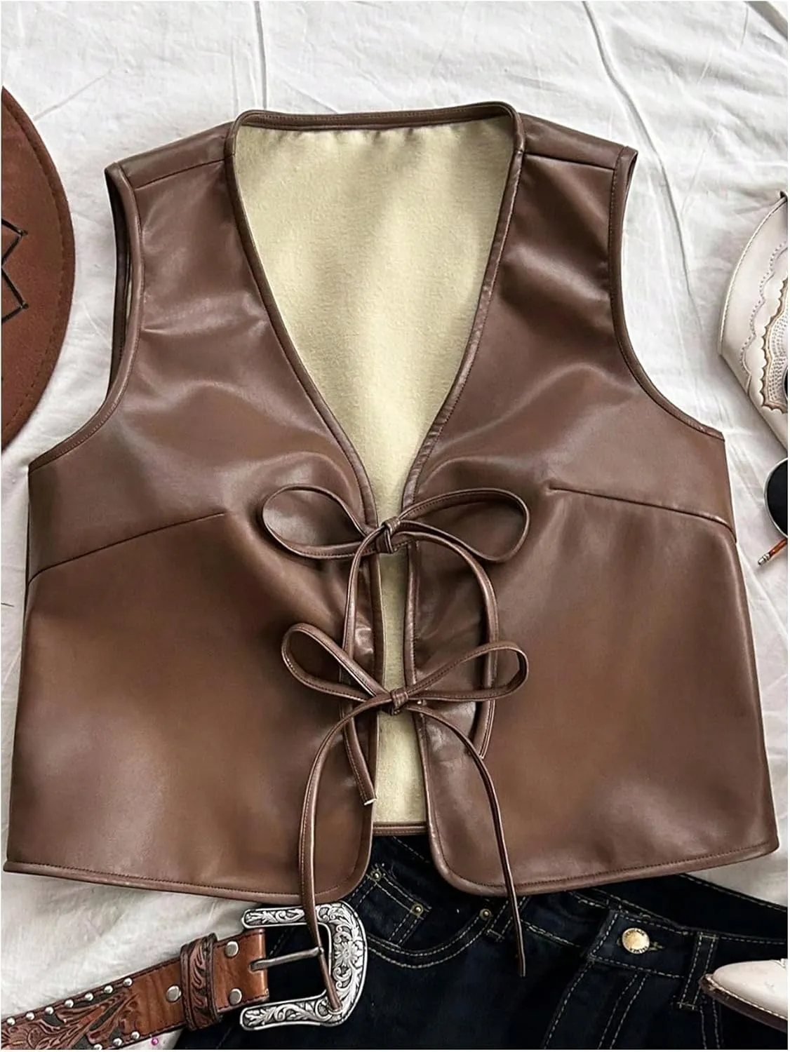 Verdusa Women's Western Leather Vest Bow Tie Front V Neck Sleeveless Lightweight Jacket Outerwear