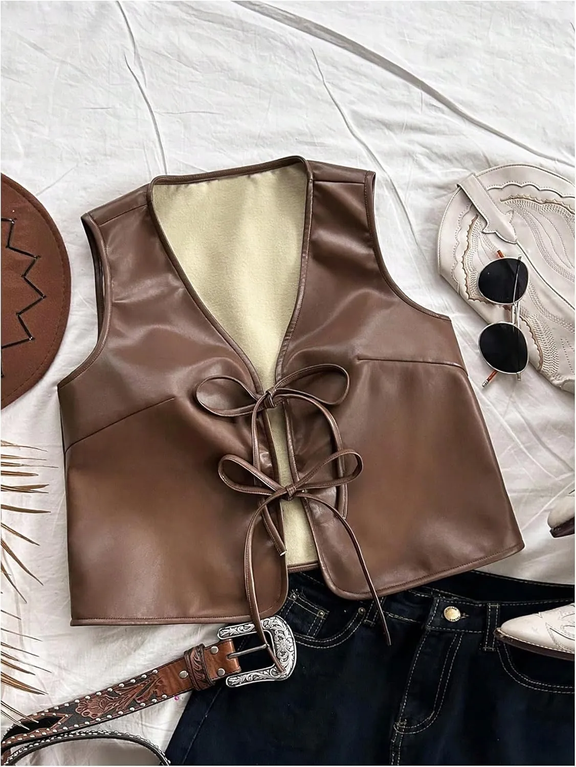 Verdusa Women's Western Leather Vest Bow Tie Front V Neck Sleeveless Lightweight Jacket Outerwear
