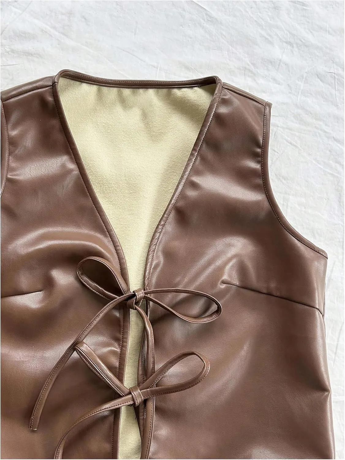 Verdusa Women's Western Leather Vest Bow Tie Front V Neck Sleeveless Lightweight Jacket Outerwear