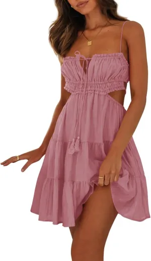 Wenrine Women's Summer Beach Mini Dress Adjustable Spaghetti Straps Sexy Backless Tiered Sleeveless Boho Dresses