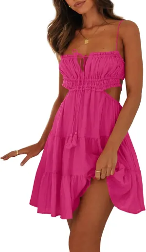 Wenrine Women's Summer Beach Mini Dress Adjustable Spaghetti Straps Sexy Backless Tiered Sleeveless Boho Dresses
