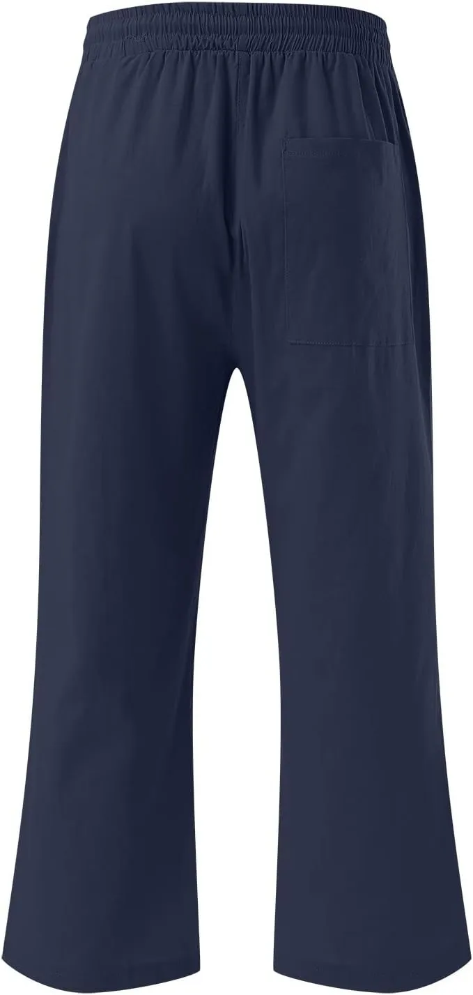 Wide Leg Cropped Pants For Women Pull On Comfy Straight Leg Linen Capris Summer Light Weight Lounge Trousers 2024