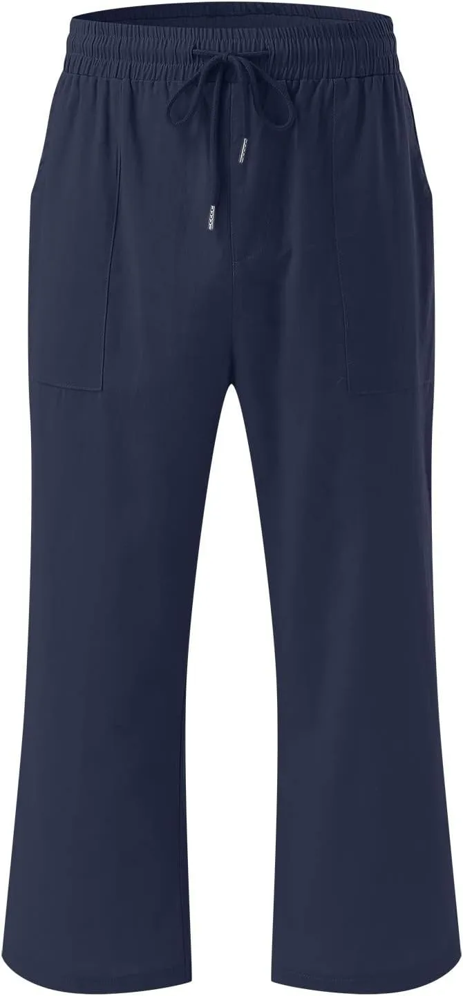 Wide Leg Cropped Pants For Women Pull On Comfy Straight Leg Linen Capris Summer Light Weight Lounge Trousers 2024