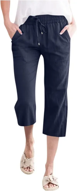 Wide Leg Cropped Pants For Women Pull On Comfy Straight Leg Linen Capris Summer Light Weight Lounge Trousers 2024