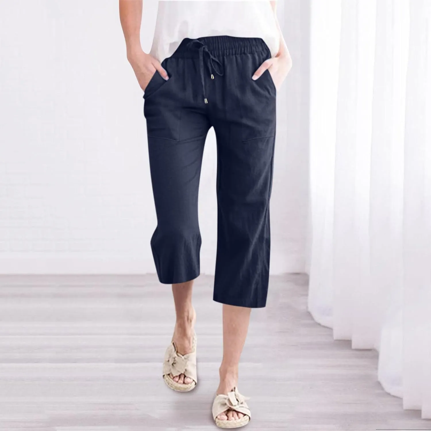 Wide Leg Cropped Pants For Women Pull On Comfy Straight Leg Linen Capris Summer Light Weight Lounge Trousers 2024