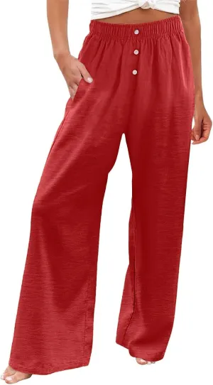 Wide Leg Linen Pants for Women Dressy Casual Summer Elastic Waist Pleated Button Work Pants Beach Trousers w/Pockets