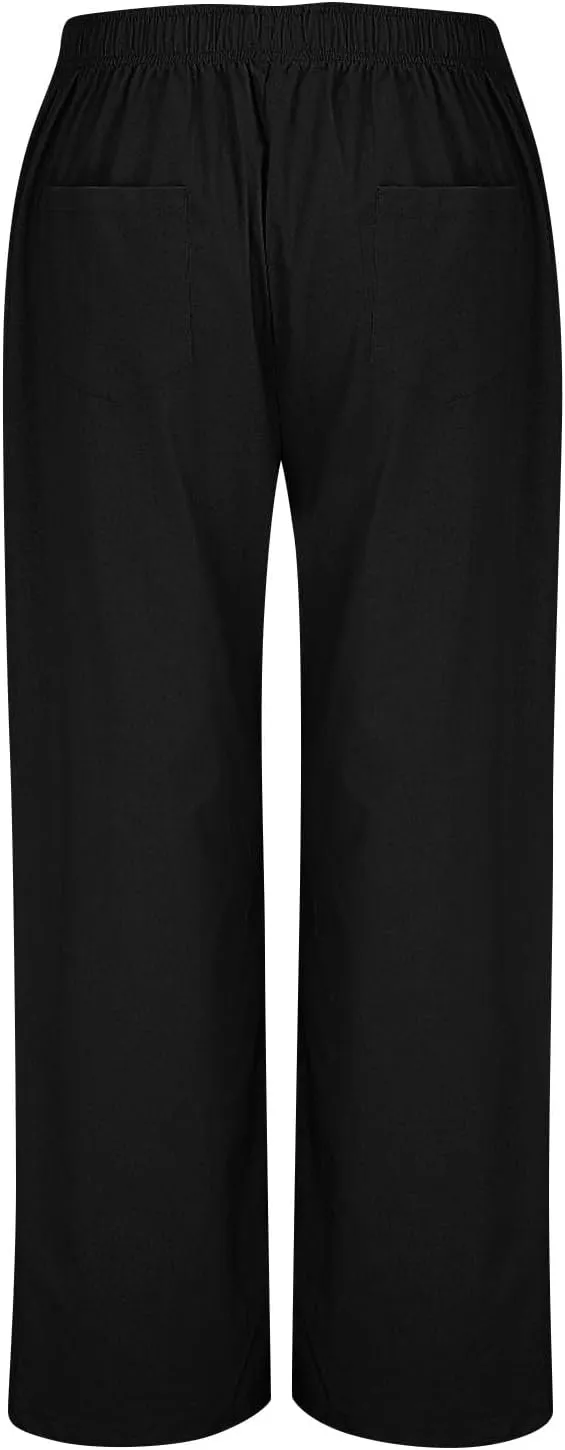 Wide Leg Linen Pants for Women Dressy Casual Summer Elastic Waist Pleated Button Work Pants Beach Trousers w/Pockets