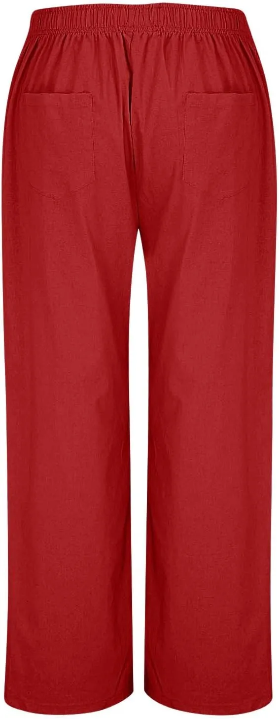 Wide Leg Linen Pants for Women Dressy Casual Summer Elastic Waist Pleated Button Work Pants Beach Trousers w/Pockets