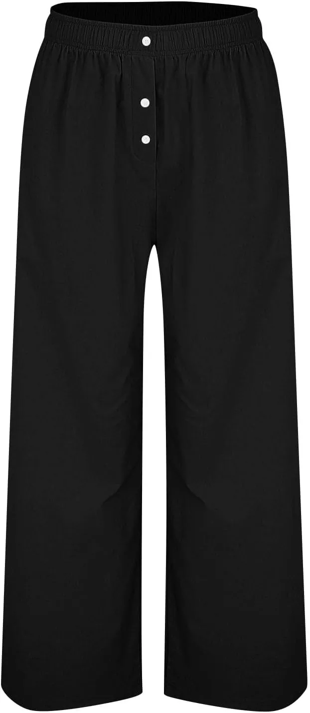Wide Leg Linen Pants for Women Dressy Casual Summer Elastic Waist Pleated Button Work Pants Beach Trousers w/Pockets