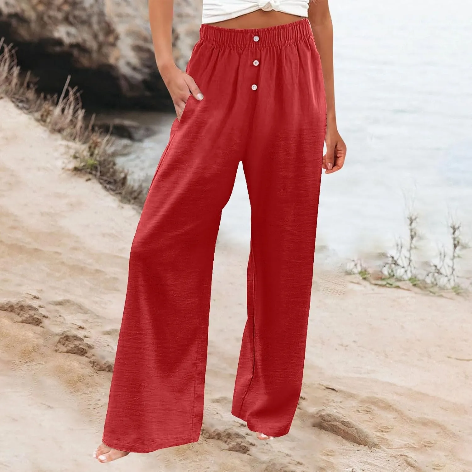Wide Leg Linen Pants for Women Dressy Casual Summer Elastic Waist Pleated Button Work Pants Beach Trousers w/Pockets