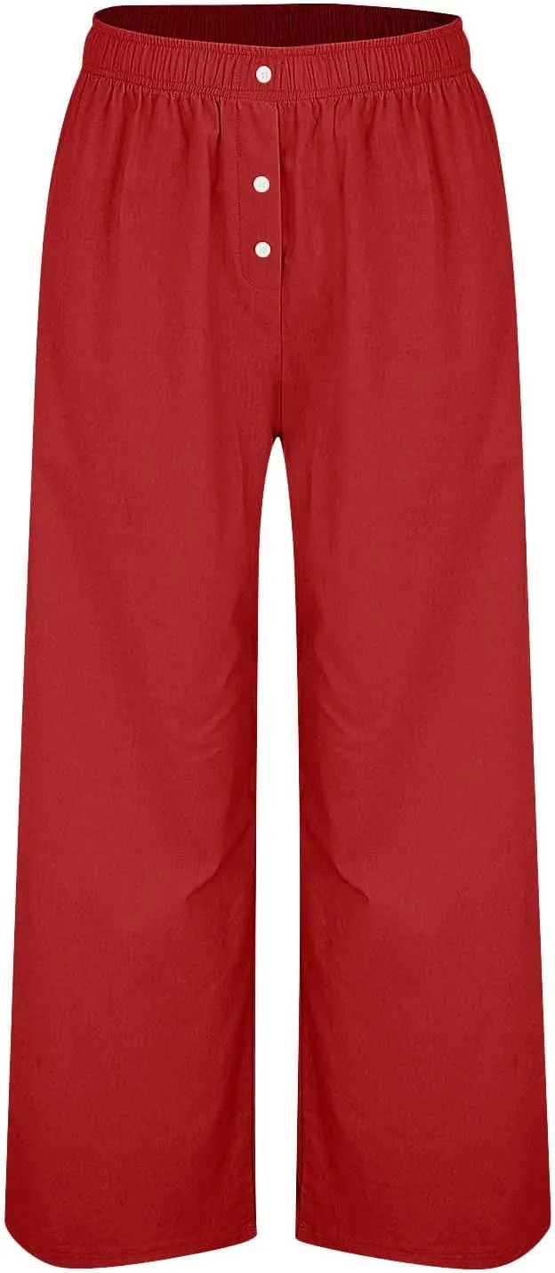 Wide Leg Linen Pants for Women Dressy Casual Summer Elastic Waist Pleated Button Work Pants Beach Trousers w/Pockets