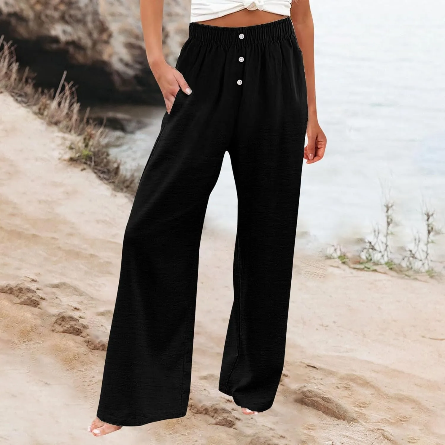 Wide Leg Linen Pants for Women Dressy Casual Summer Elastic Waist Pleated Button Work Pants Beach Trousers w/Pockets