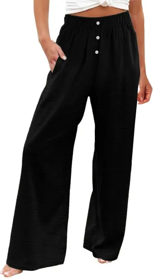 Wide Leg Linen Pants for Women Dressy Casual Summer Elastic Waist Pleated Button Work Pants Beach Trousers w/Pockets