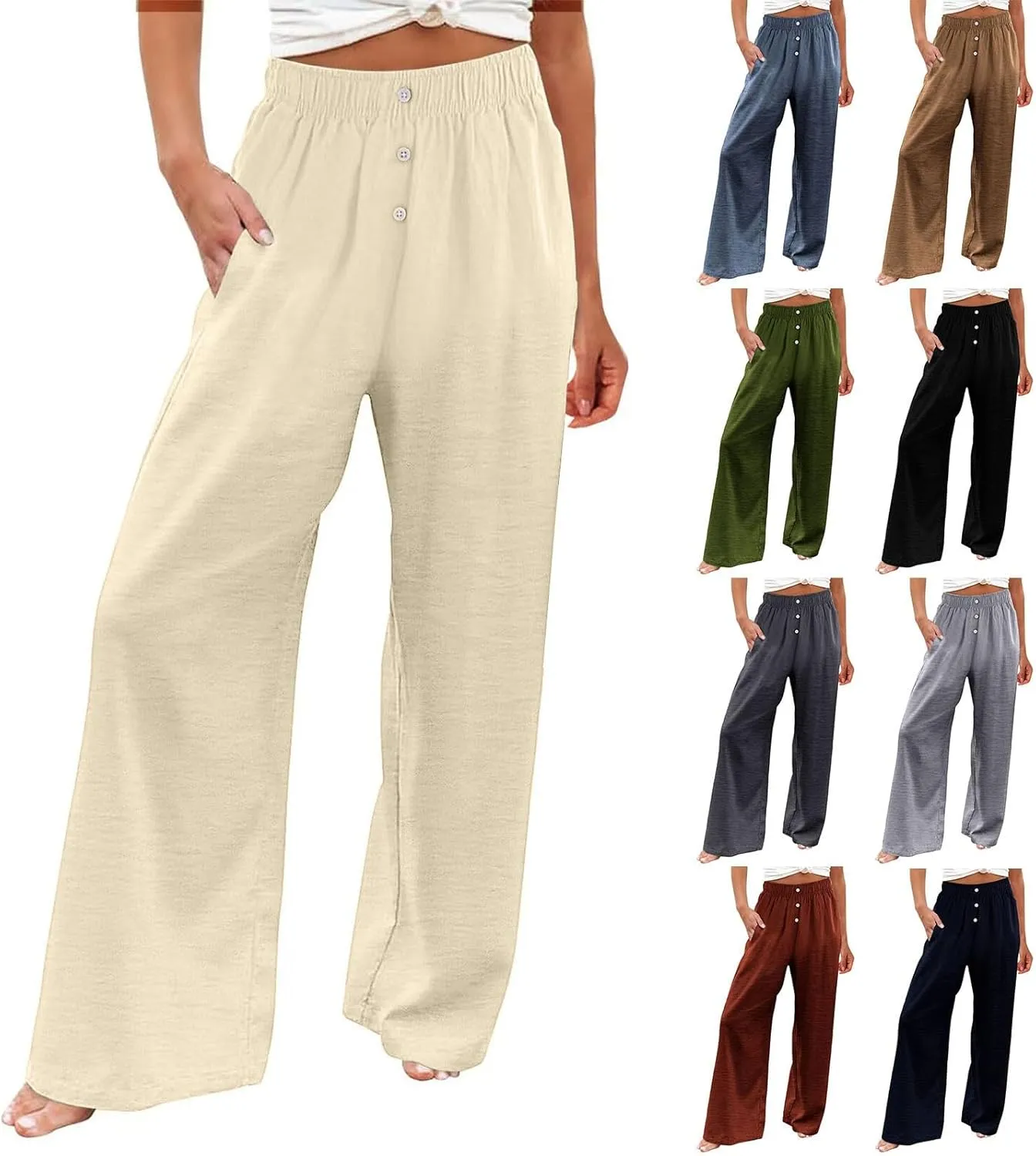 Wide Leg Linen Pants for Women Dressy Casual Summer Elastic Waist Pleated Button Work Pants Beach Trousers w/Pockets