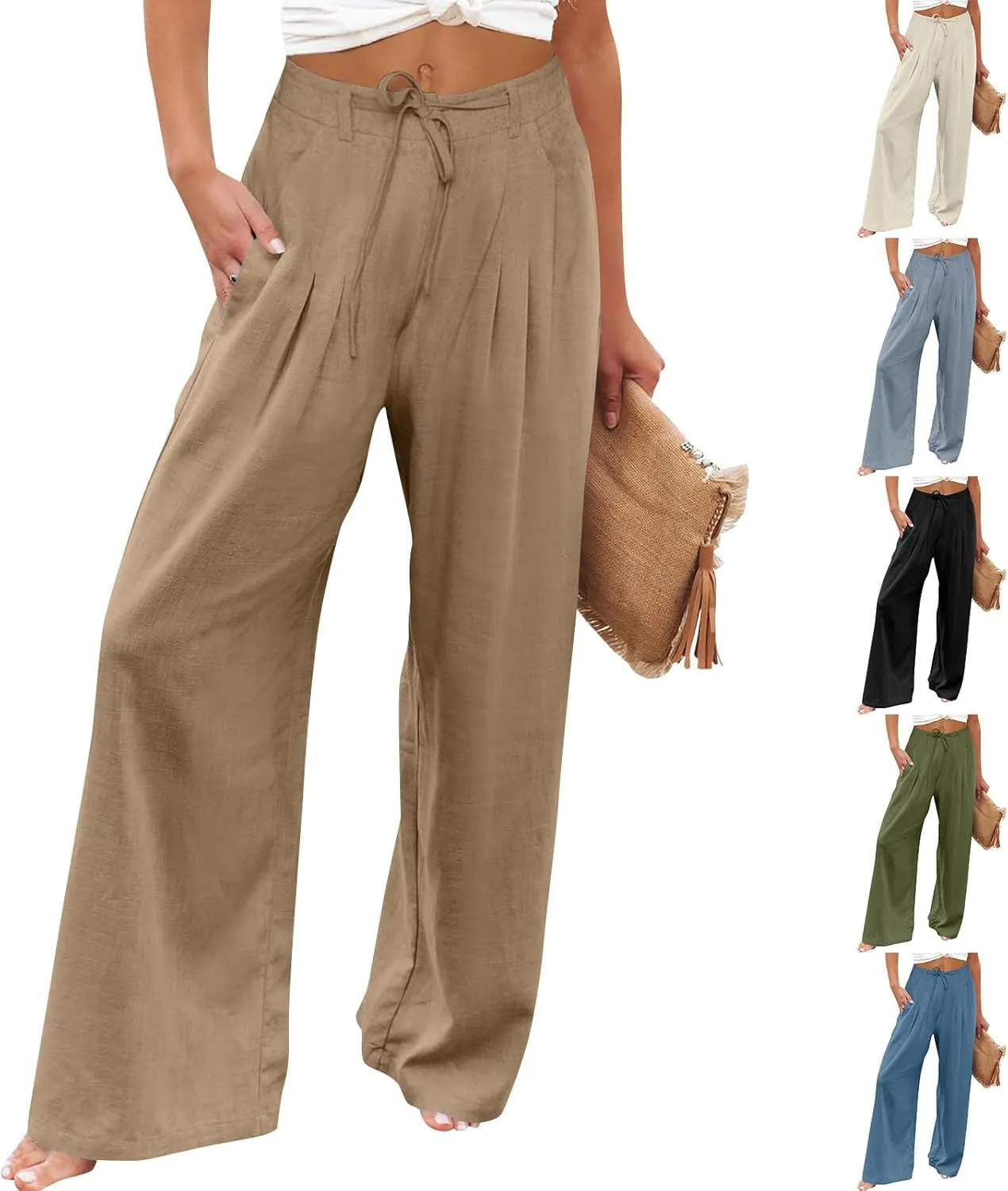 Wide Leg Linen Pants for Women Pleated Drawstring High Waisted Palazzo Pants Comfy Lounge Work Trousers with Pockets