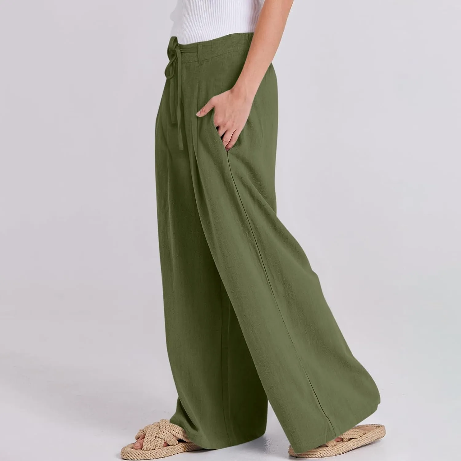 Wide Leg Linen Pants for Women Pleated Drawstring High Waisted Palazzo Pants Comfy Lounge Work Trousers with Pockets