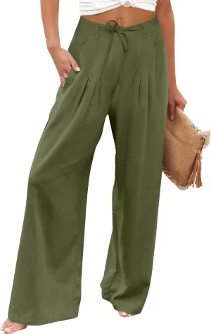 Wide Leg Linen Pants for Women Pleated Drawstring High Waisted Palazzo Pants Comfy Lounge Work Trousers with Pockets