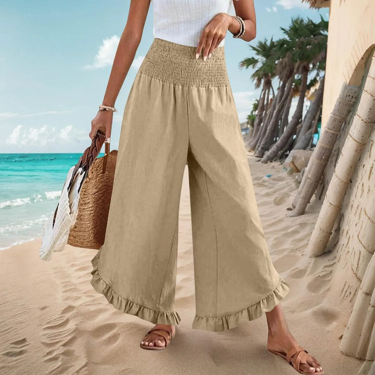Wide Leg Pants Woman,High Waisted Flowy Pants for Women Ruffle Hem Cropped Elastic Waist Beach Office Boho Trousers